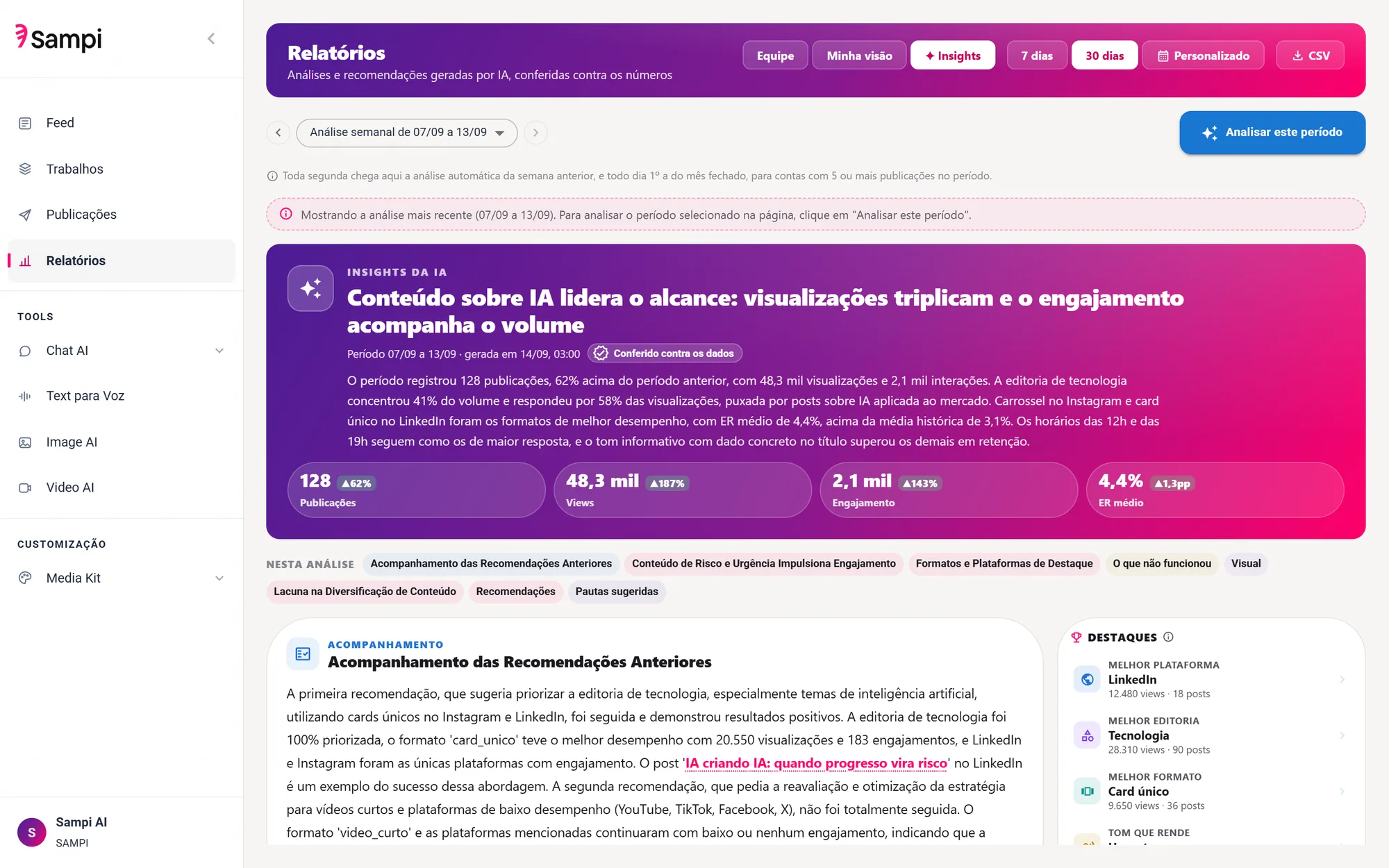 Insights da IA: análise semanal do desempenho conferida contra os dados
