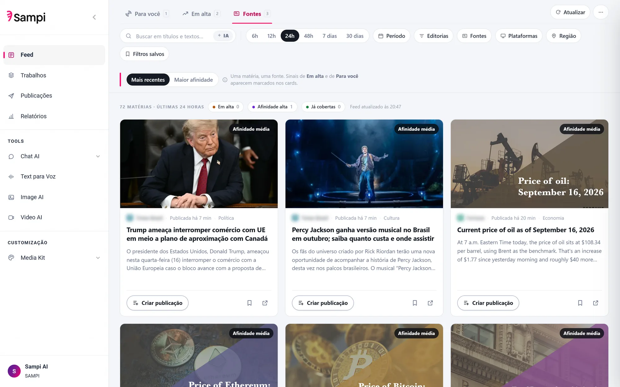 Fontes: uma matéria, uma fonte, com filtros por editoria e região