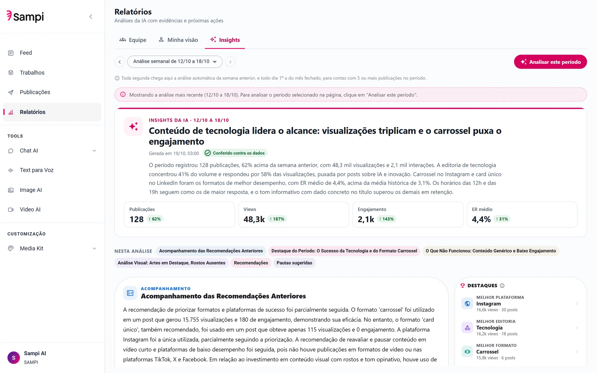 Insights da IA: análise semanal do desempenho conferida contra os dados