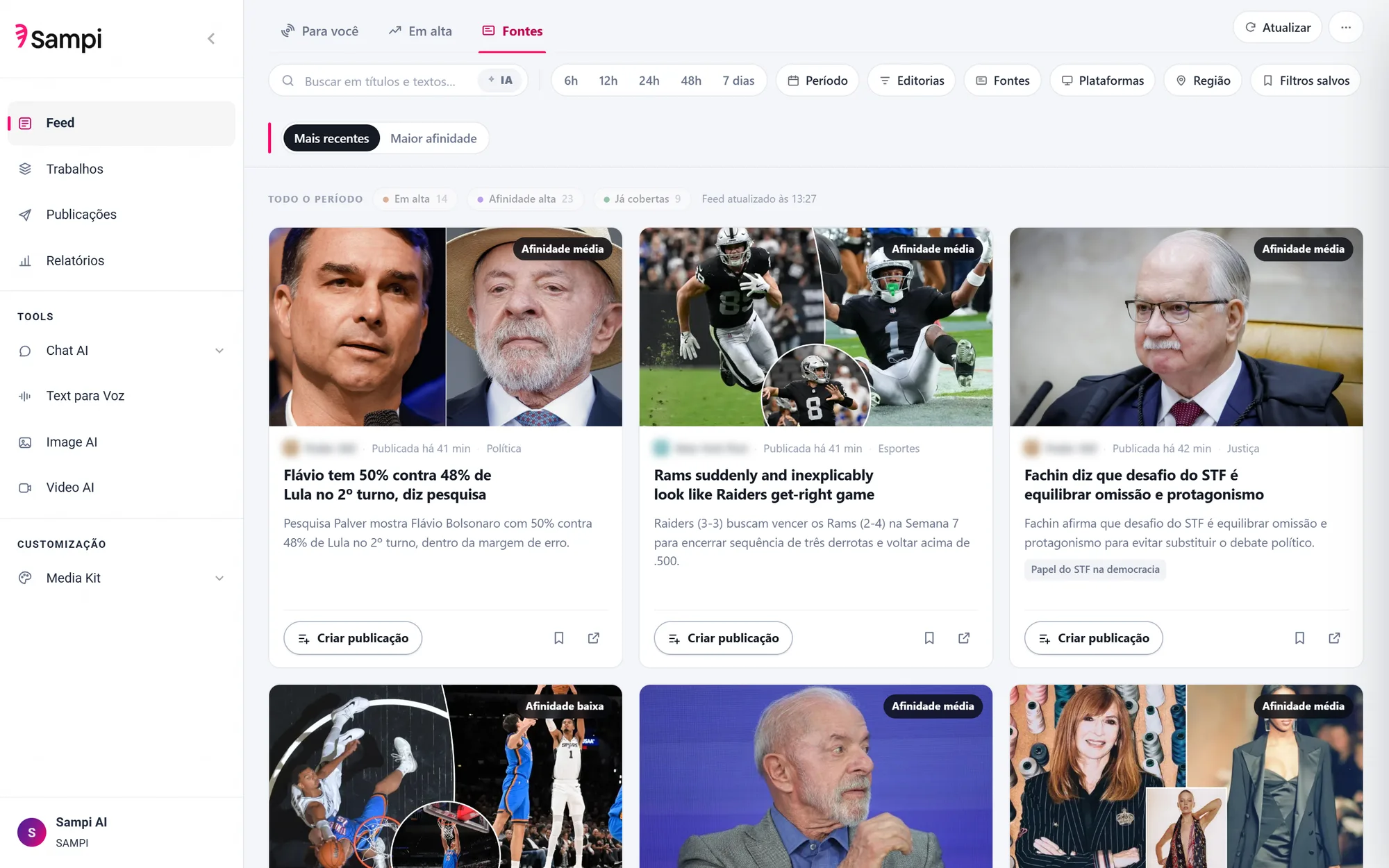 Fontes: uma matéria, uma fonte, com filtros por editoria e região